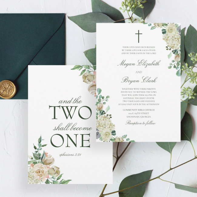 Megan White Roses Greenery Christian Wedding Invitation
