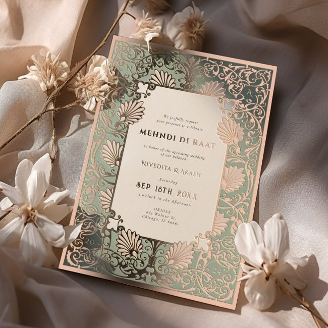Mehndi Di Raat Rose Gold Foil Accents Wedding Foil Invitation