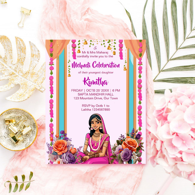 Mehndi Indian Wedding Bride In Pink Invitation