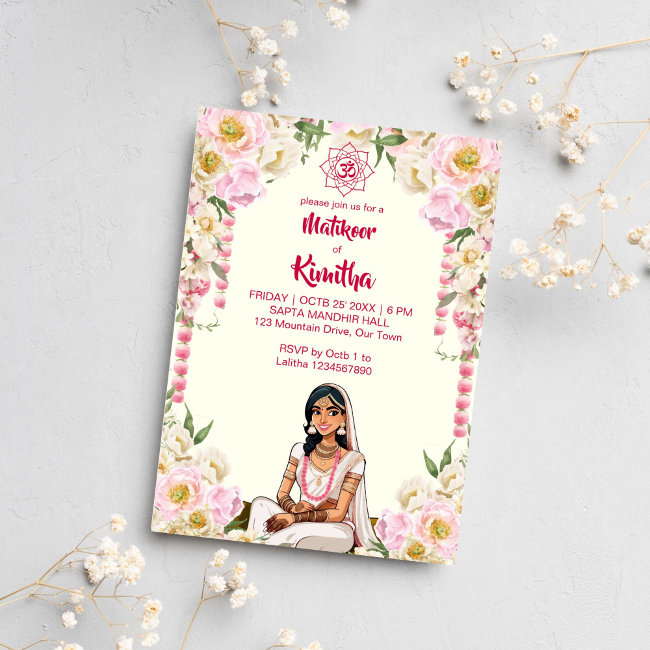Mehndi Indian Wedding Cute Bride In Ivory Pink Invitation