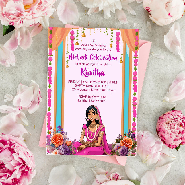 Mehndi Indian Wedding Cute Bride In Pink Invitation