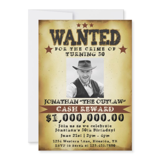 Men 50th Birthday Cowboy Wanted Poster Invitation