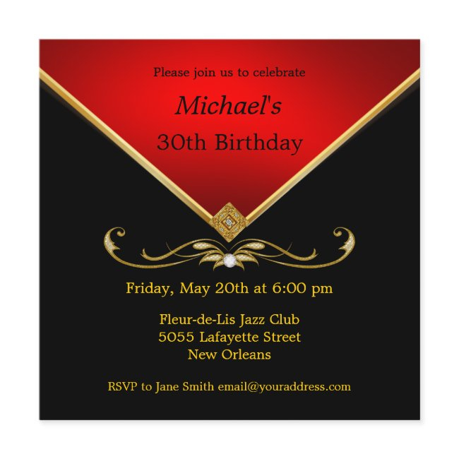 Men's Elegant Gold Red Birthday Party Invitations