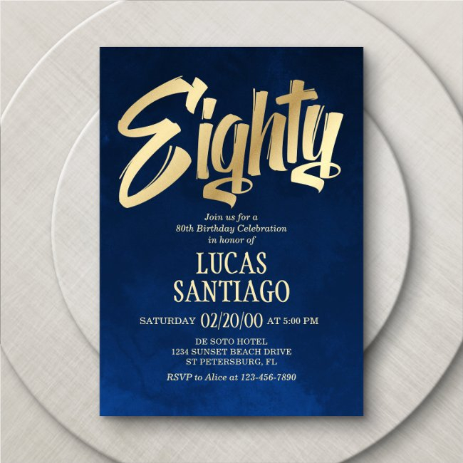 Men's Navy Gold 80th Birthday Invitation