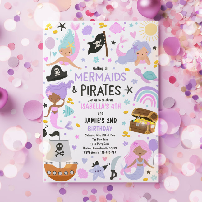 Mermaid And Pirate Sibling Joint Birthday Party Invitation
