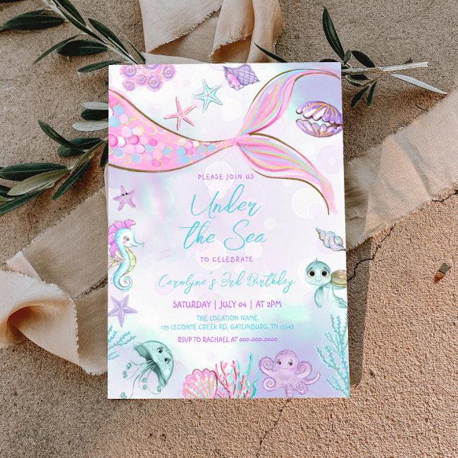 Mermaid Birthday Under The Sea Baby Girl Birthday Invitation