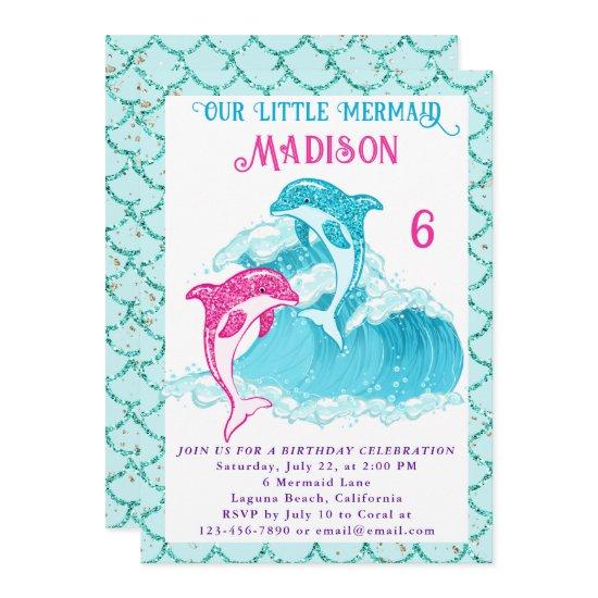 Mermaid Dolphin Blue Sea Ocean Aqua Birthday Party Invitation