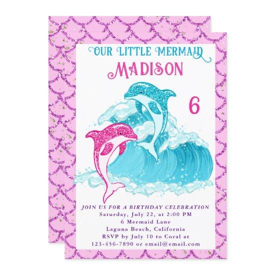 Mermaid Dolphin Blue Sea Ocean Pink Birthday Party Invitation