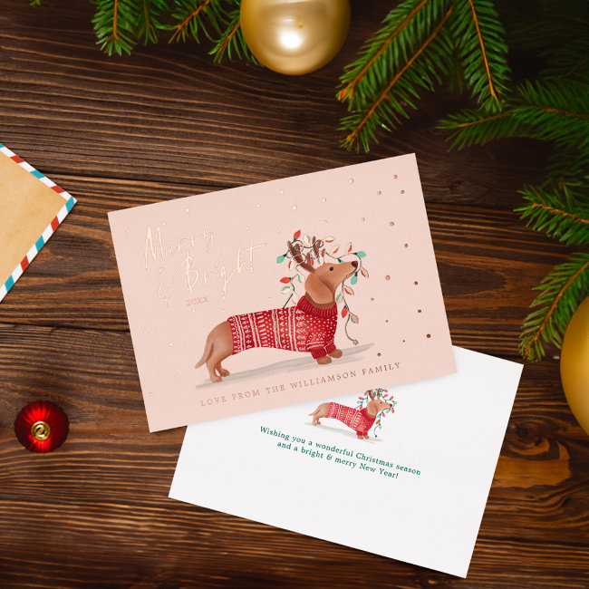 Merry & Bright | Dachshund Dog Christmas Sweater Foil Holiday Invitations