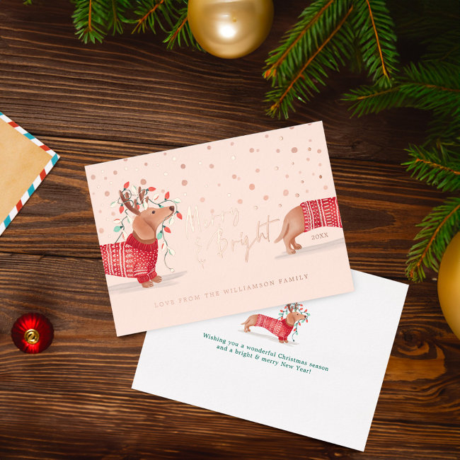 Merry & Bright | Dachshund Dog Christmas Sweater Foil Holiday Invitations