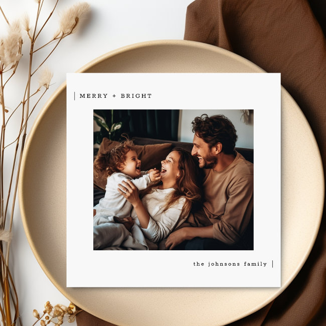 Merry & Bright Minimalist Family Christmas Photo Holiday Invitations