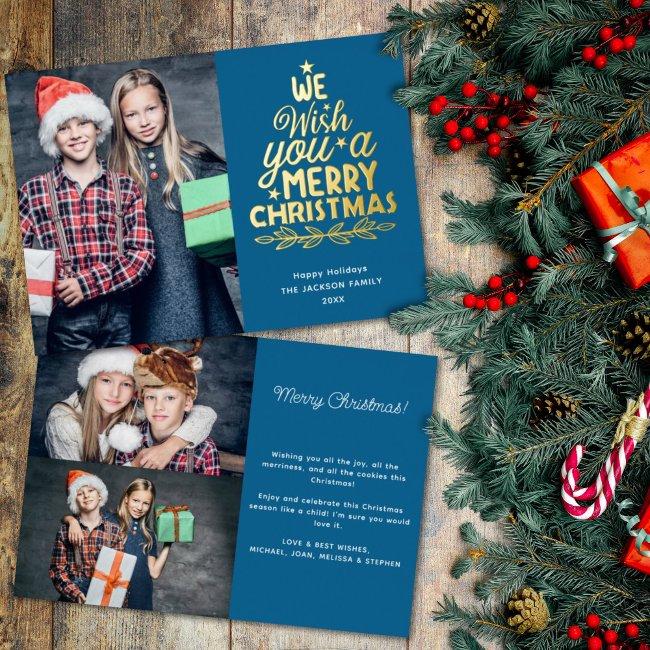 Merry Christmas 3 Photos Blue Family Foil Holiday Invitations