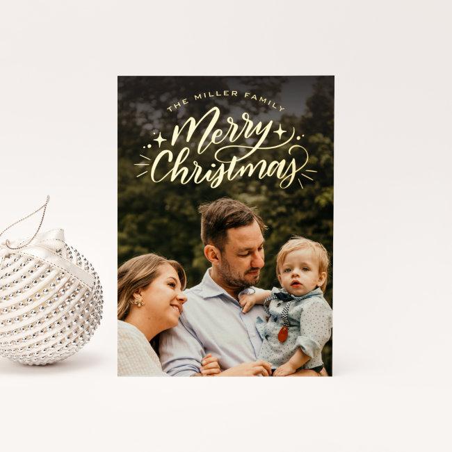 Merry Christmas Hand-lettered Photo Foil Holiday Invitations