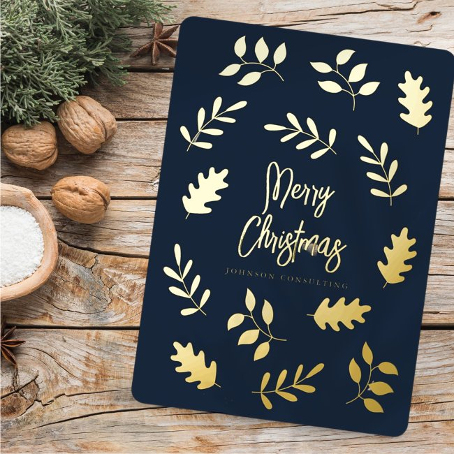 Merry Christmas Modern Simple Foliage Botanical Foil Holiday Invitations