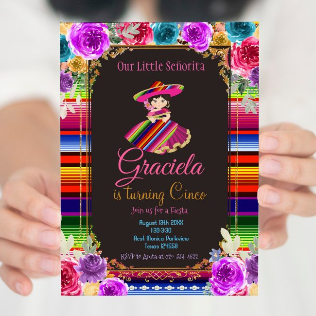 Mexican Flowers Fiesta Birthday Gold Girl  Invitation
