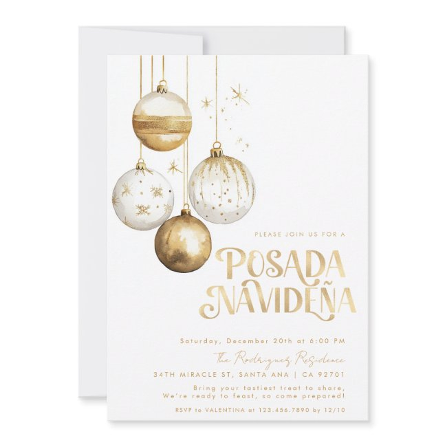 Mexican Posada Navideña Gold White Ornaments Invitation