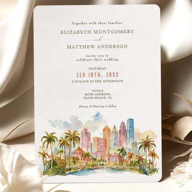 Miami Beach Destination With Watercolor Skyline Invitation