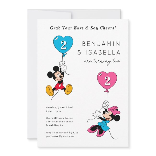 Mickey & Minnie Balloons | Twins Birthday Invitation