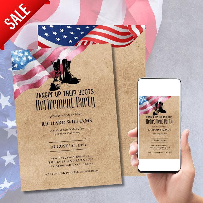 Military Retirement Hanging Up Boots Us Flag Invitation