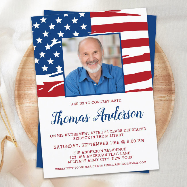 Military Retirement Party Custom Photo Usa Flag  Invitation