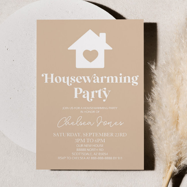 Minimal Boho Tan Beige Simple Housewarming Party Invitation