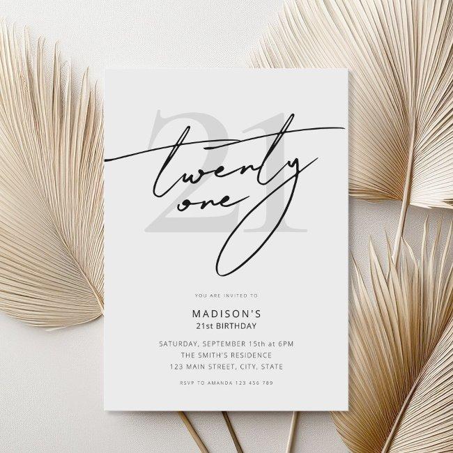 Minimal Elegant Script White 21st Birthday Party Invitation