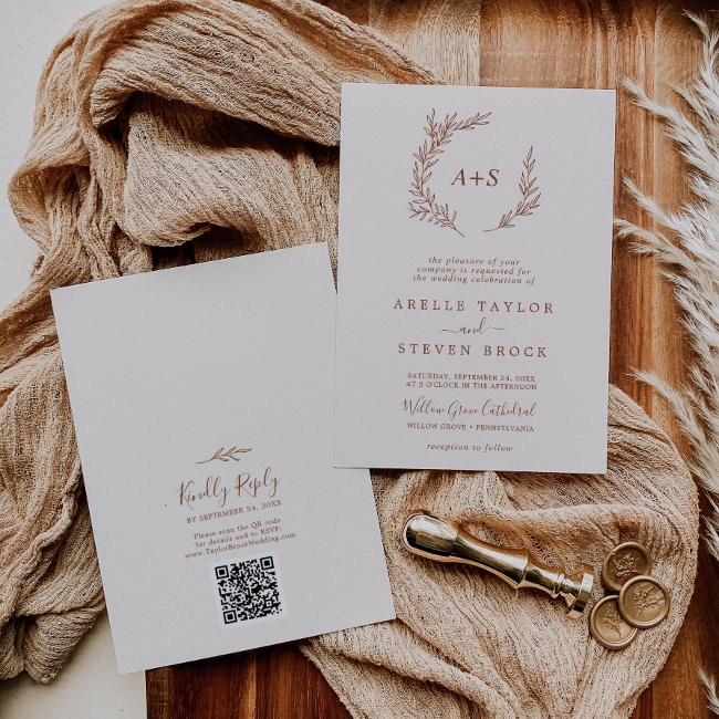 Minimal Leaf | Boho Cream Monogram Qr Code Wedding Invitation
