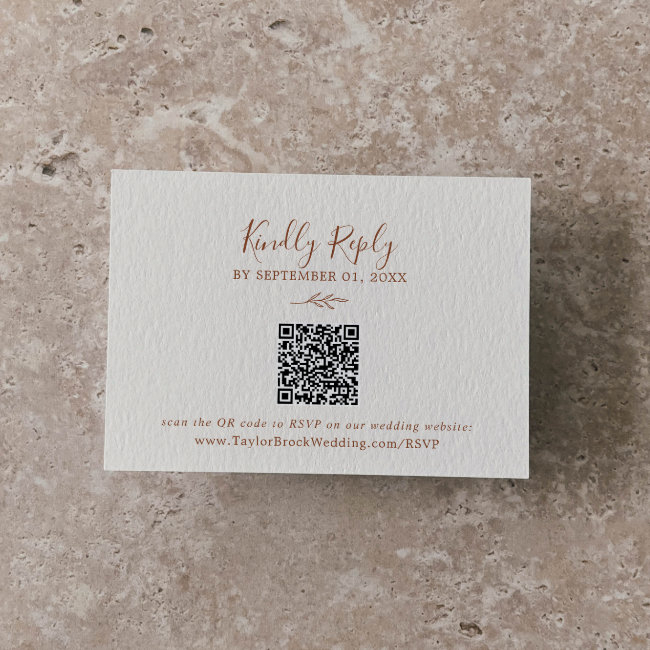 Minimal Leaf | Boho Cream Qr Code Wedding Rsvp Enclosure Invitations