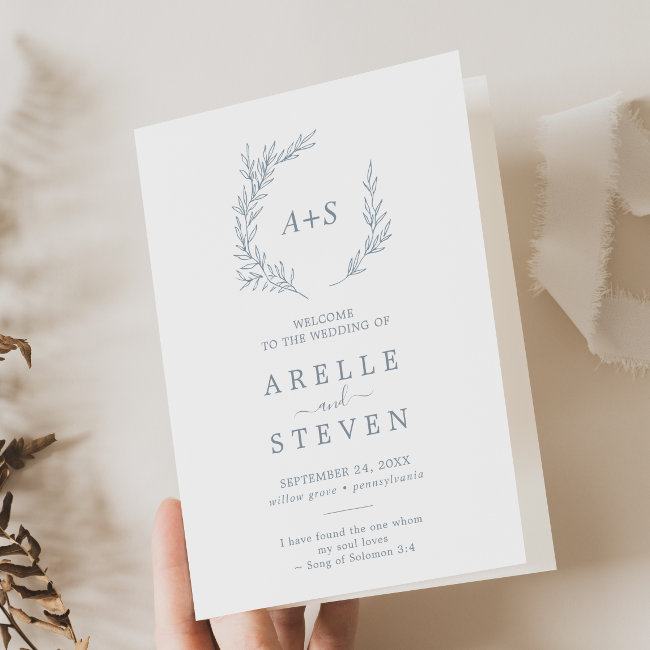 Minimal Leaf | Dusty Blue Folded Wedding Program