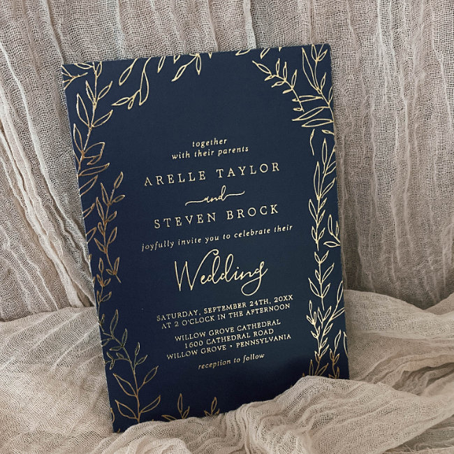 Minimal Leaf | Gold Foil Navy Blue Frame Wedding Foil Invitation