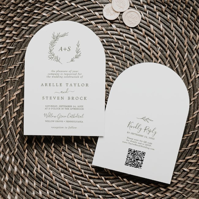 Minimal Leaf Olive Green Qr Code Boho Arch Wedding Invitation