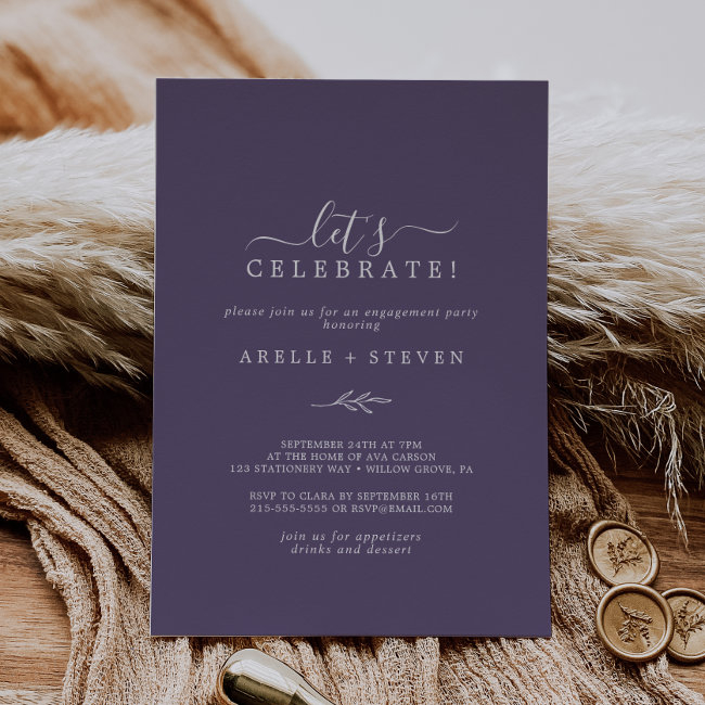 Minimal Leaf | Plum Purple Let's Celebrate Invitation