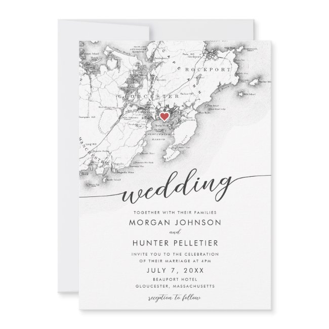 Minimal Modern Gloucester Ma Map Wedding Invitation