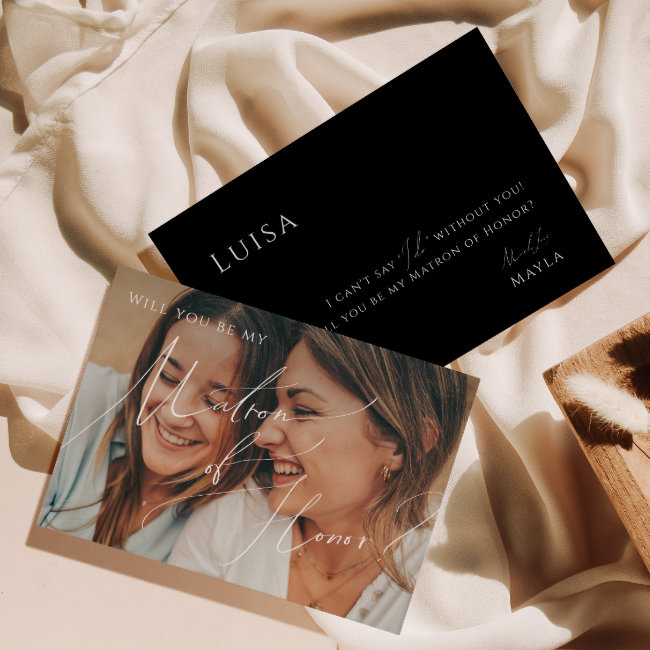 Minimal Script | Black Faded Photo Matron Of Honor Invitation