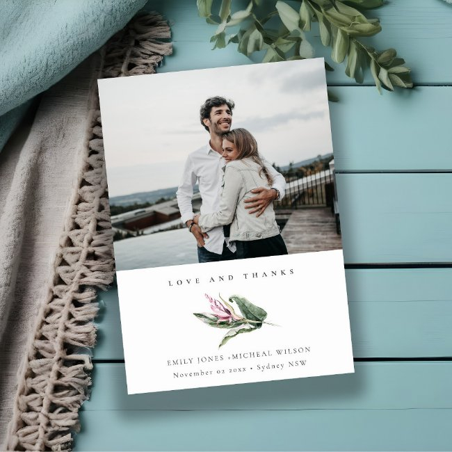 Minimal Tropical Leafy Pink Floral Photo Wedding Thank You Invitations