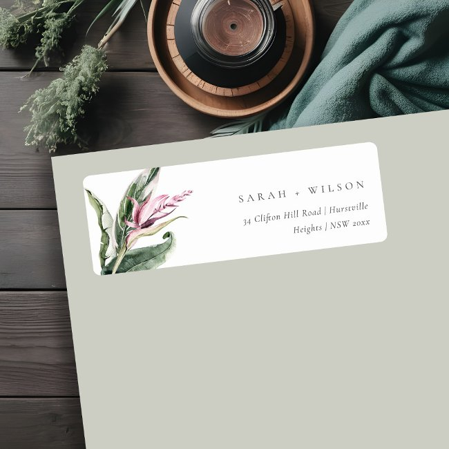 Minimal Tropical Pink Green Leafy Floral Address Label