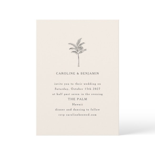 Minimalist Ecru Palm Tree Line Art Elegant Wedding Invitation