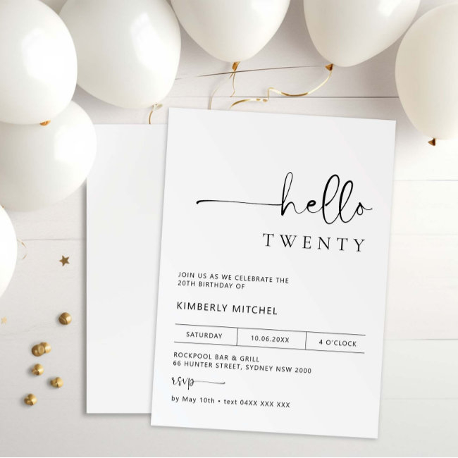 Minimalist Modern 20th Birthday Party Invitation