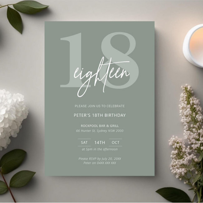 Minimalist Modern Sage 18th Birthday Party Invitation