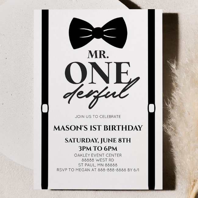 Minimalist Mr. Onederful Bowtie 1st Birthday Party Invitation