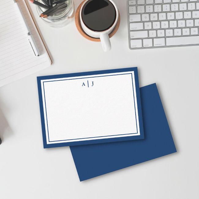 Minimalist Navy Blue Two Border Monogram Note Invitations