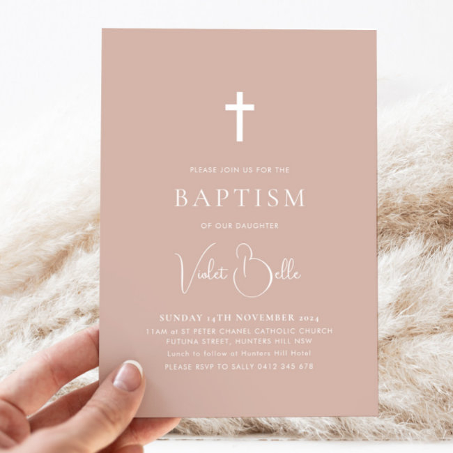 Minimalist Pink Girls Christening Baptism  Invitation