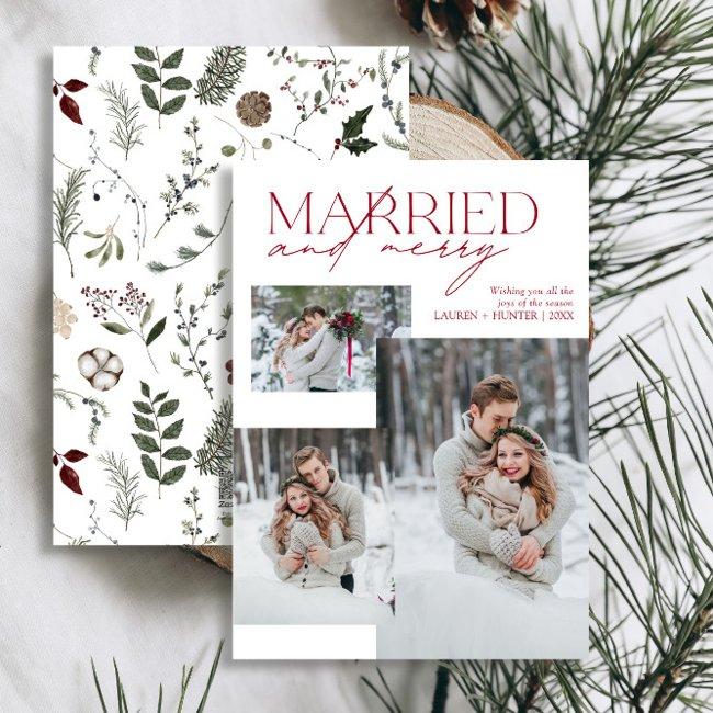 Minimalist Red Married And Merry Newlywed Photo Holiday Invitations
