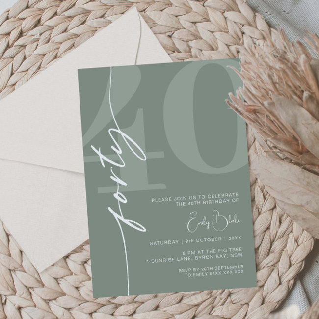 Minimalist Sage Forty 40th Birthday Party Invitation