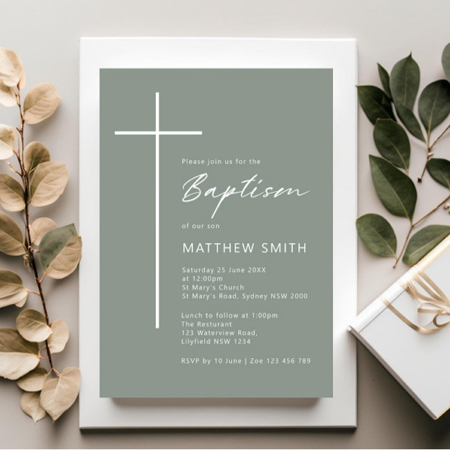 Minimalist Typography Cross Sage Green Baptism Invitation