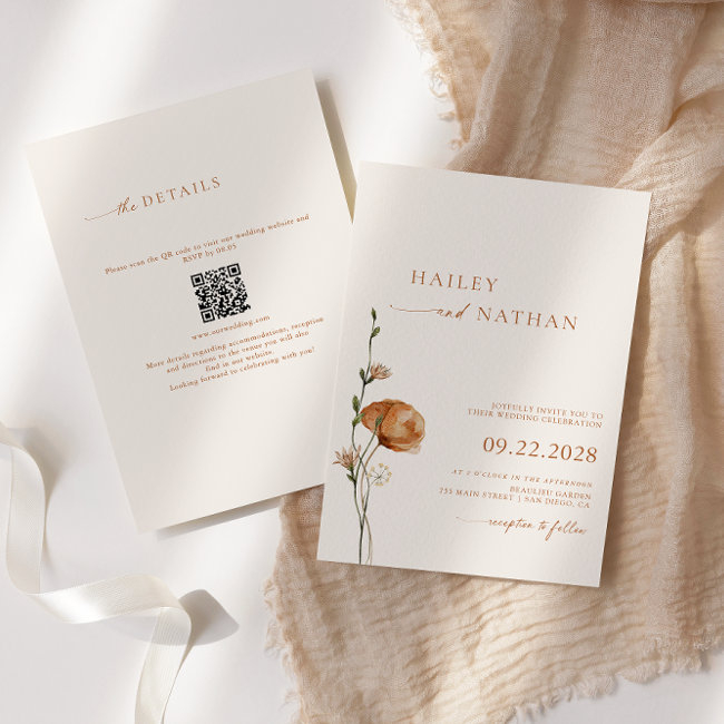 Minimalist Wildflower Qr Code All In One Wedding Invitation