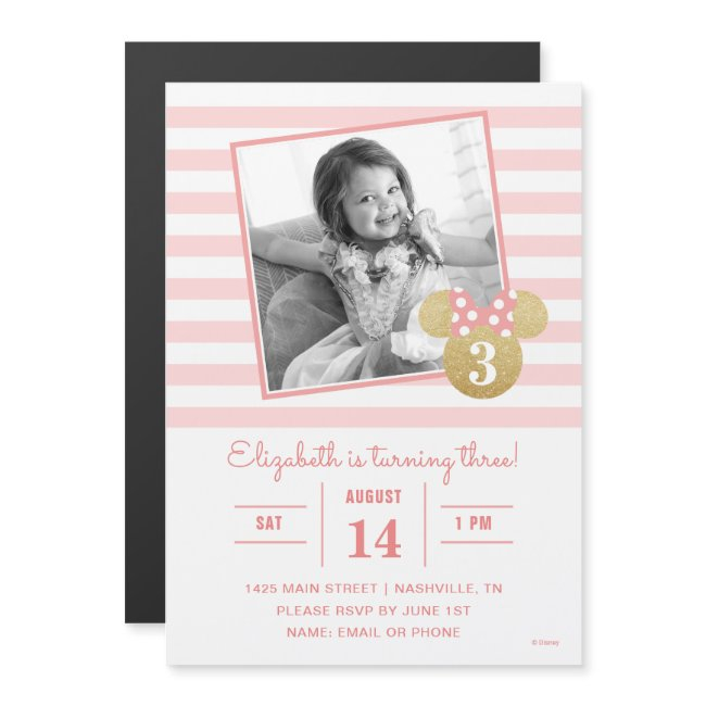 Minnie Mouse | Gold & Pink Striped Photo Birthday Magnetic Invitation