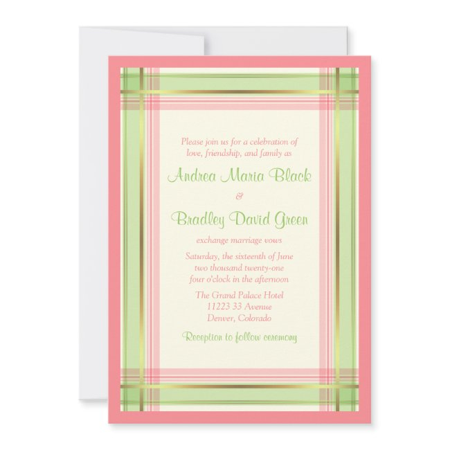 Mint Green Petal Pink Plaid Wedding Invitation