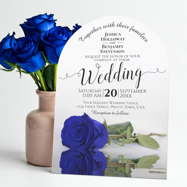 Mirrored Royal Blue Rose Elegant Arch Wedding Invitation
