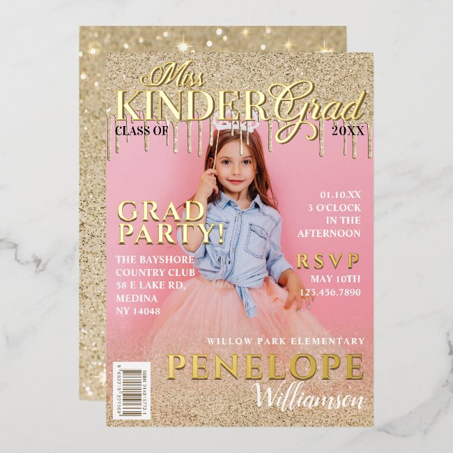 Miss Kinder Grad Gold Glitter Drip Magazine Cover Foil Invitation